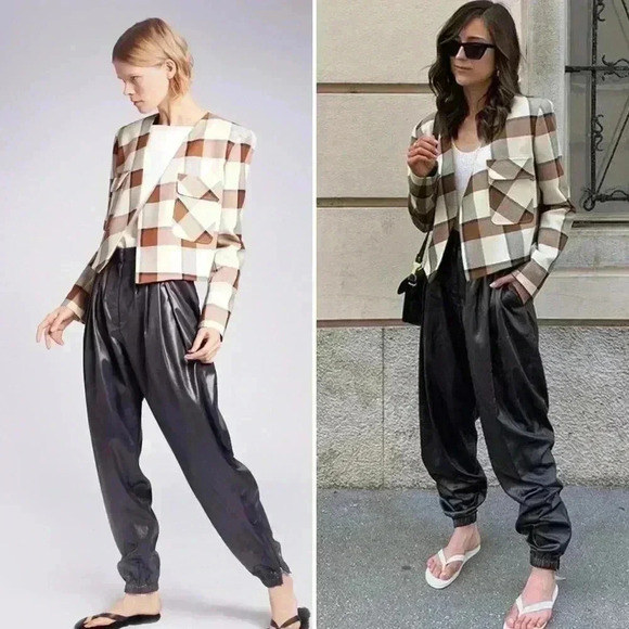 Tibi Dylan Plaid Cream Cropped Jacket Blazer in Ivory Camel Size 12 - Picture 2 of 16